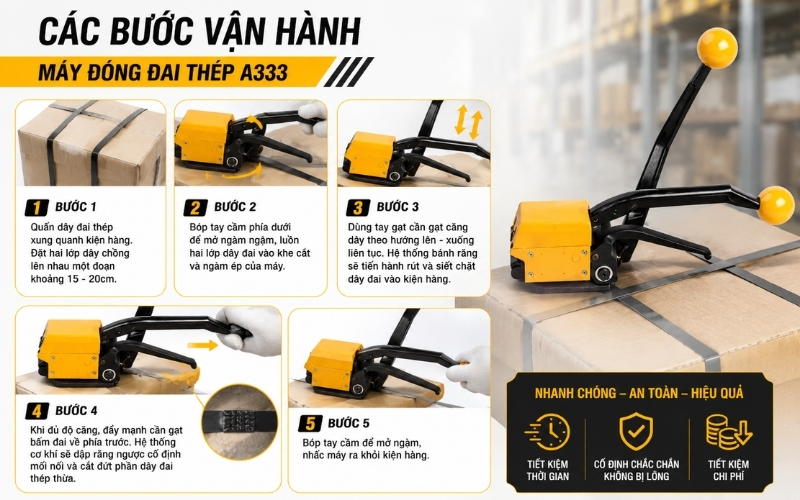 Các bước vận hành máy đóng đai thép A333  